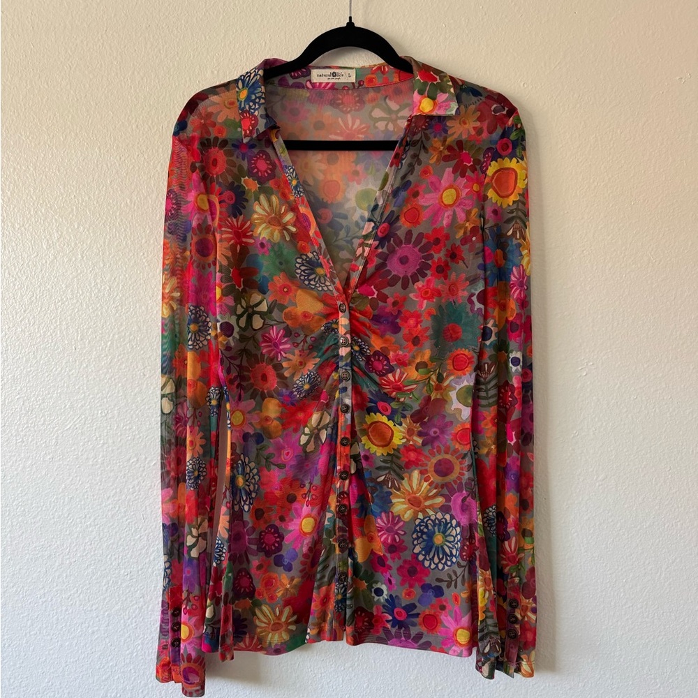 SOLD NATURAL LIFE Colorful Floral Mesh Blouse